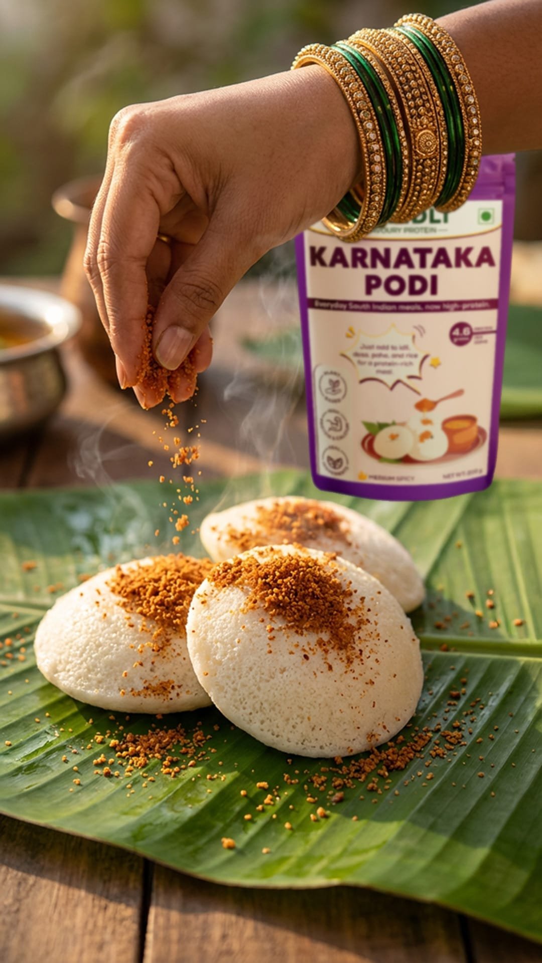 A hand serving podi with idlis