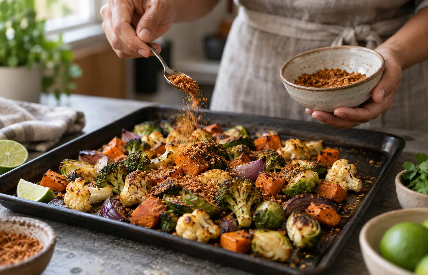 Hands sprinkling podi over a tray of freshly roasted mixed vegetables