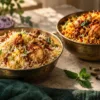 Two bowls of biryani with whole spices on a cream stone table