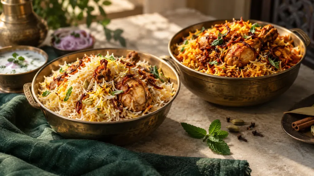 Two bowls of biryani with whole spices on a cream stone table