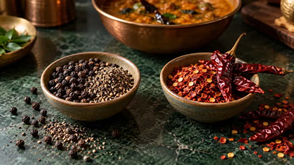 Black peppercorns and cracked pepper beside dried red chillies and chilli flakes