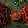 Byadgi and Guntur dried chillies beside a bowl of podi
