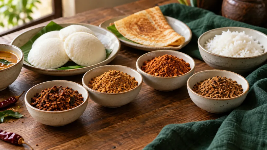 Four small bowls of podi beside idli, dosa and rice on a wooden table