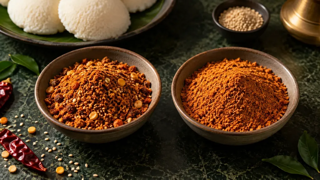 Two bowls showing coarse and fine podi beside idli