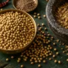 Whole and crushed coriander seeds beside a stone mortar