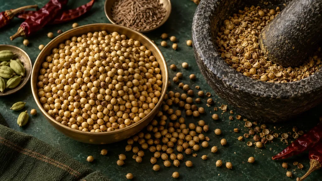 Whole and crushed coriander seeds beside a stone mortar