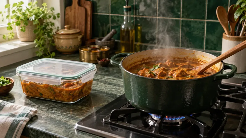 Refrigerated curry being reheated thoroughly in a saucepan