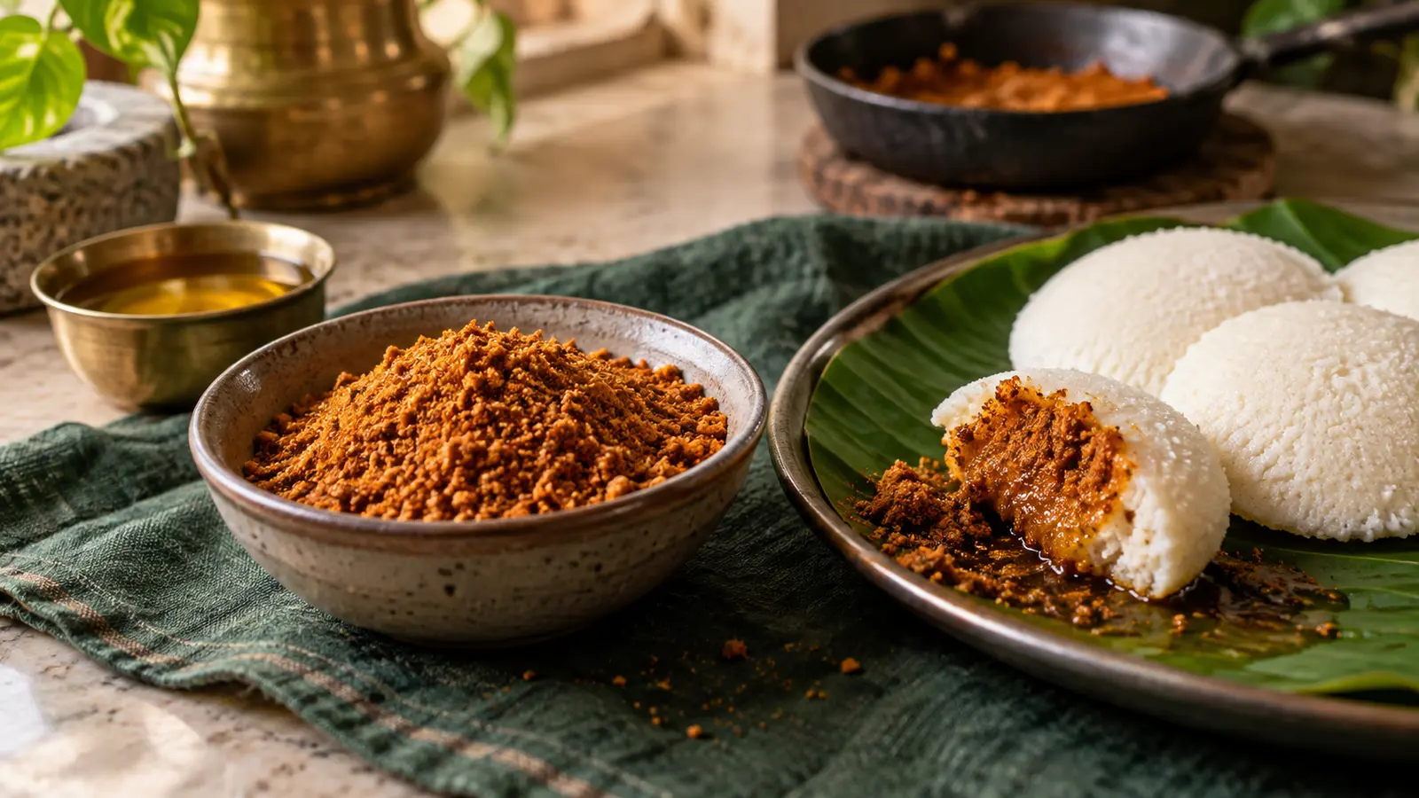 Bowl of podi served with hot idlis and sesame oil