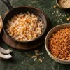 Dry coconut, toasted coconut and a bowl of Karnataka-style podi