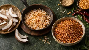 Dry coconut, toasted coconut and a bowl of Karnataka-style podi