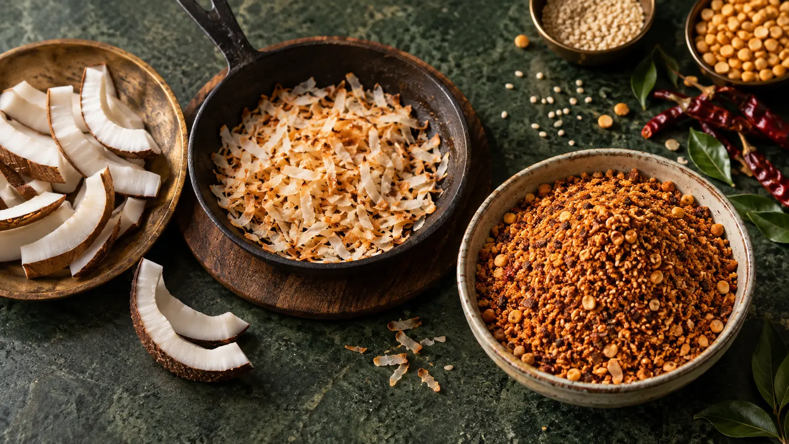 Dry coconut, toasted coconut and a bowl of Karnataka-style podi