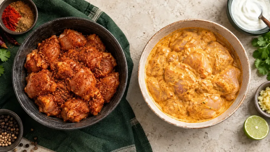 Dry-rubbed chicken beside chicken coated in a curd marinade
