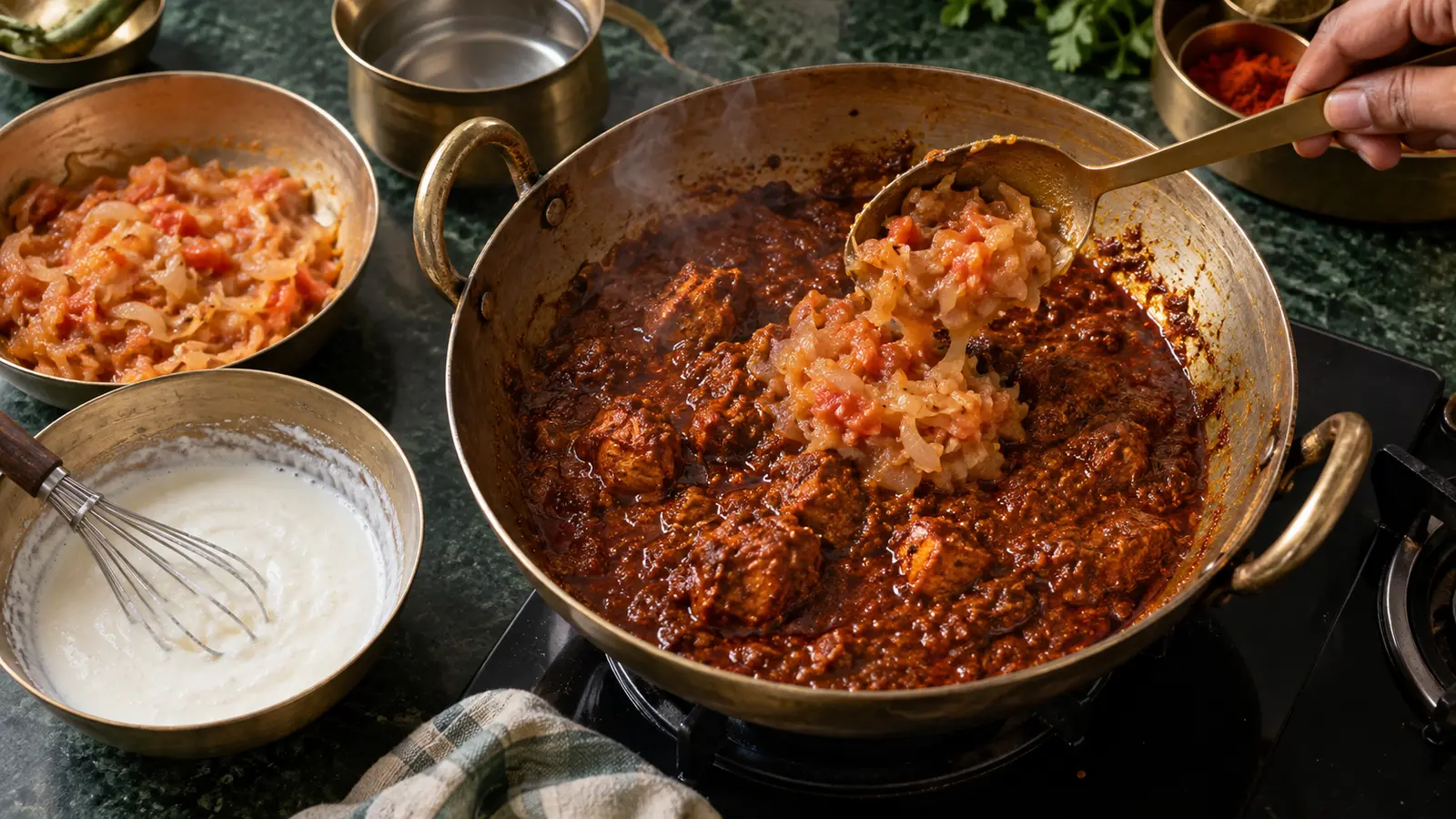 Plain onion-tomato base being added to an over-spiced curry