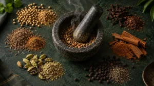 Whole and freshly ground Indian spices around a stone mortar