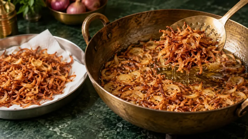 Golden fried onions being lifted from a kadai for biryani