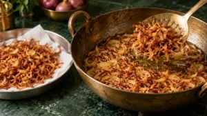 Golden fried onions being lifted from a kadai for biryani