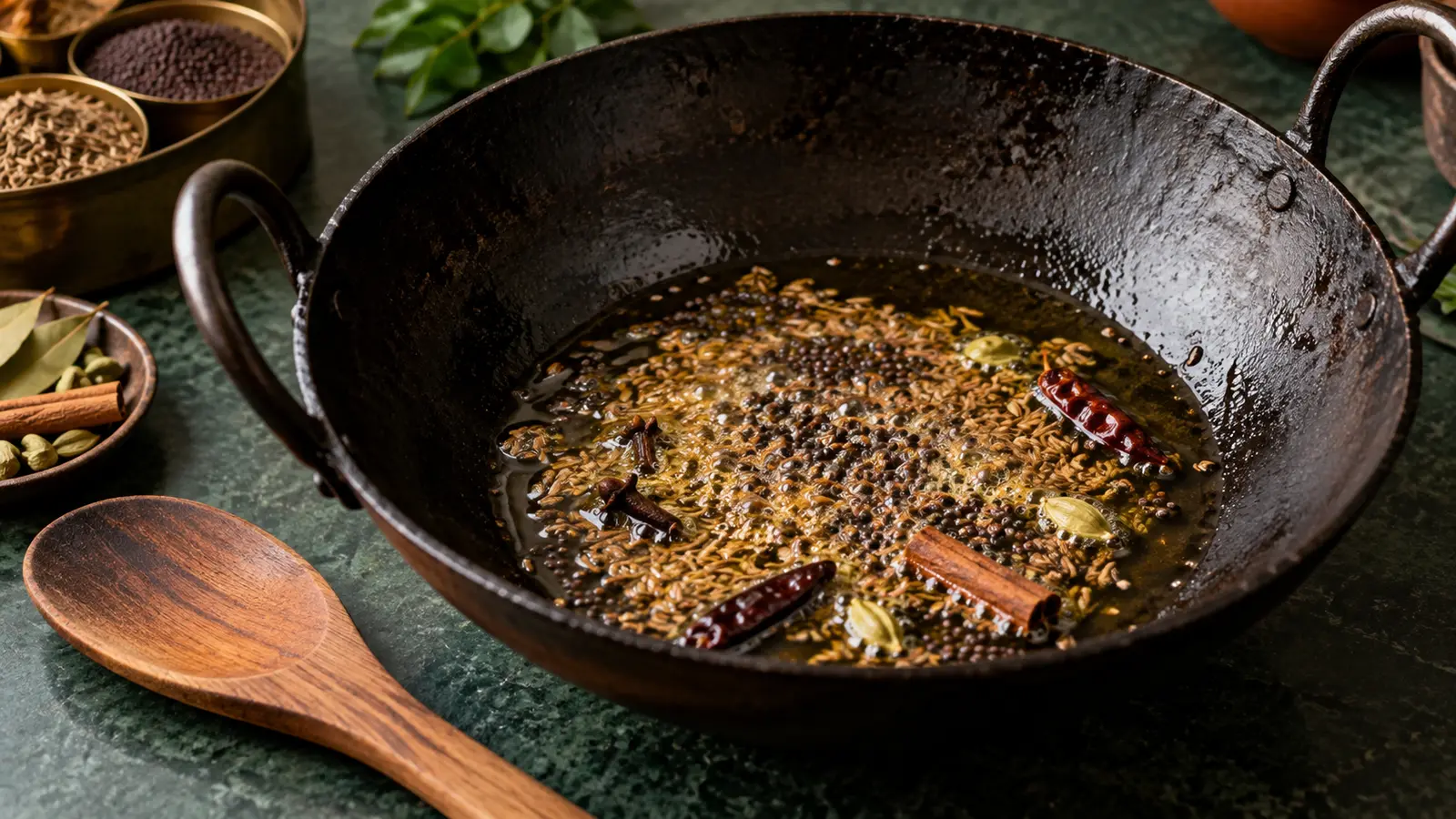Whole spices blooming in hot oil