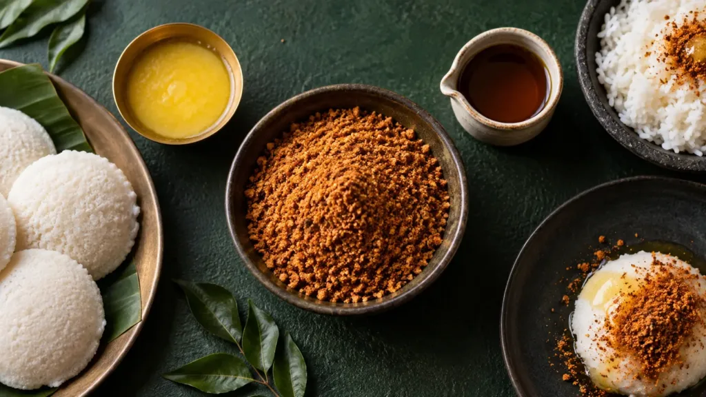 Podi served with melted ghee, sesame oil, idli and rice