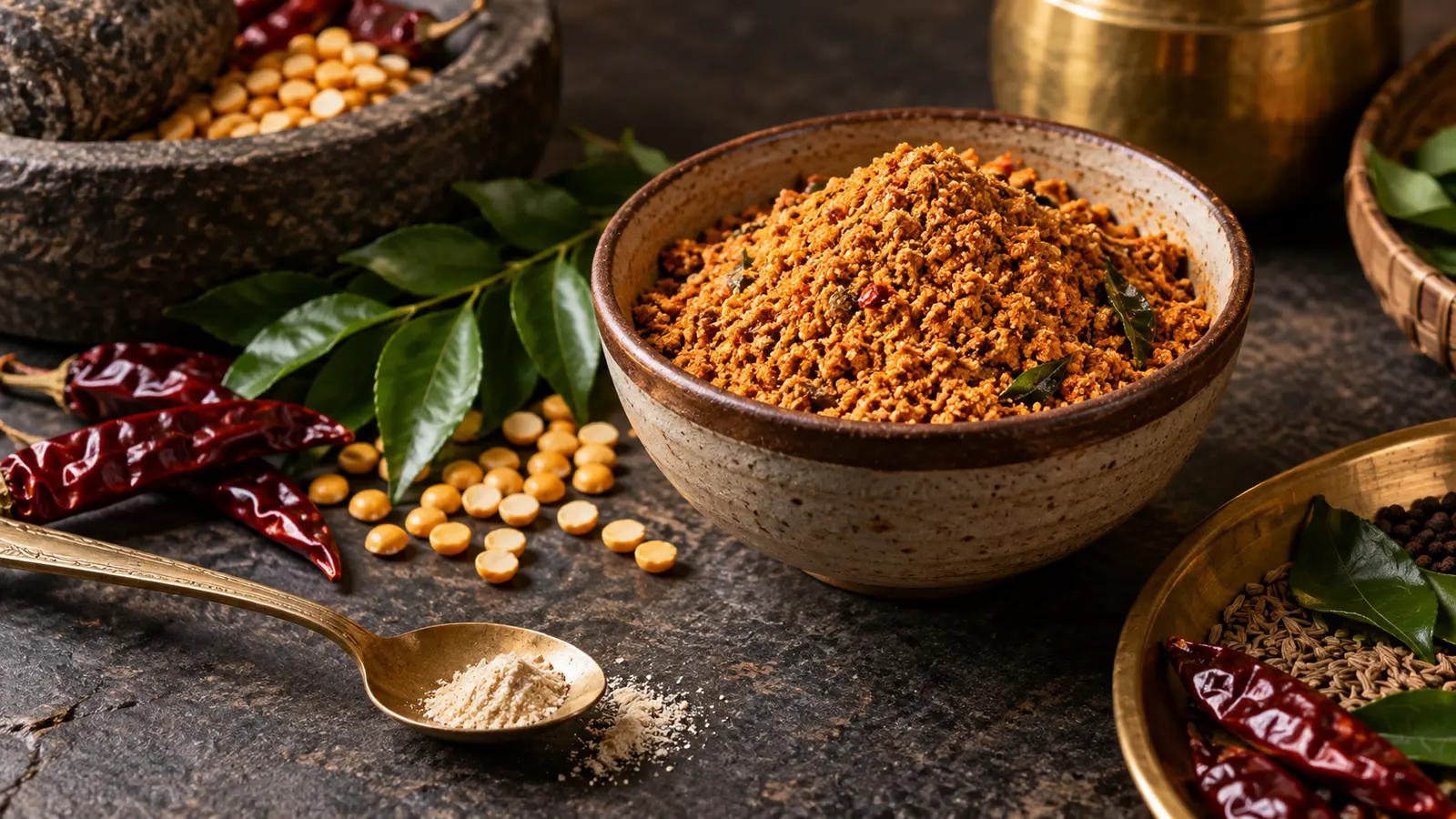Small pinch of hing beside podi, roasted lentils and chillies