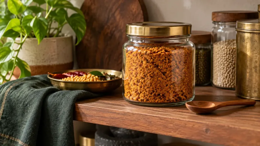 Closed glass jar of podi with a dry spoon on a pantry shelf
