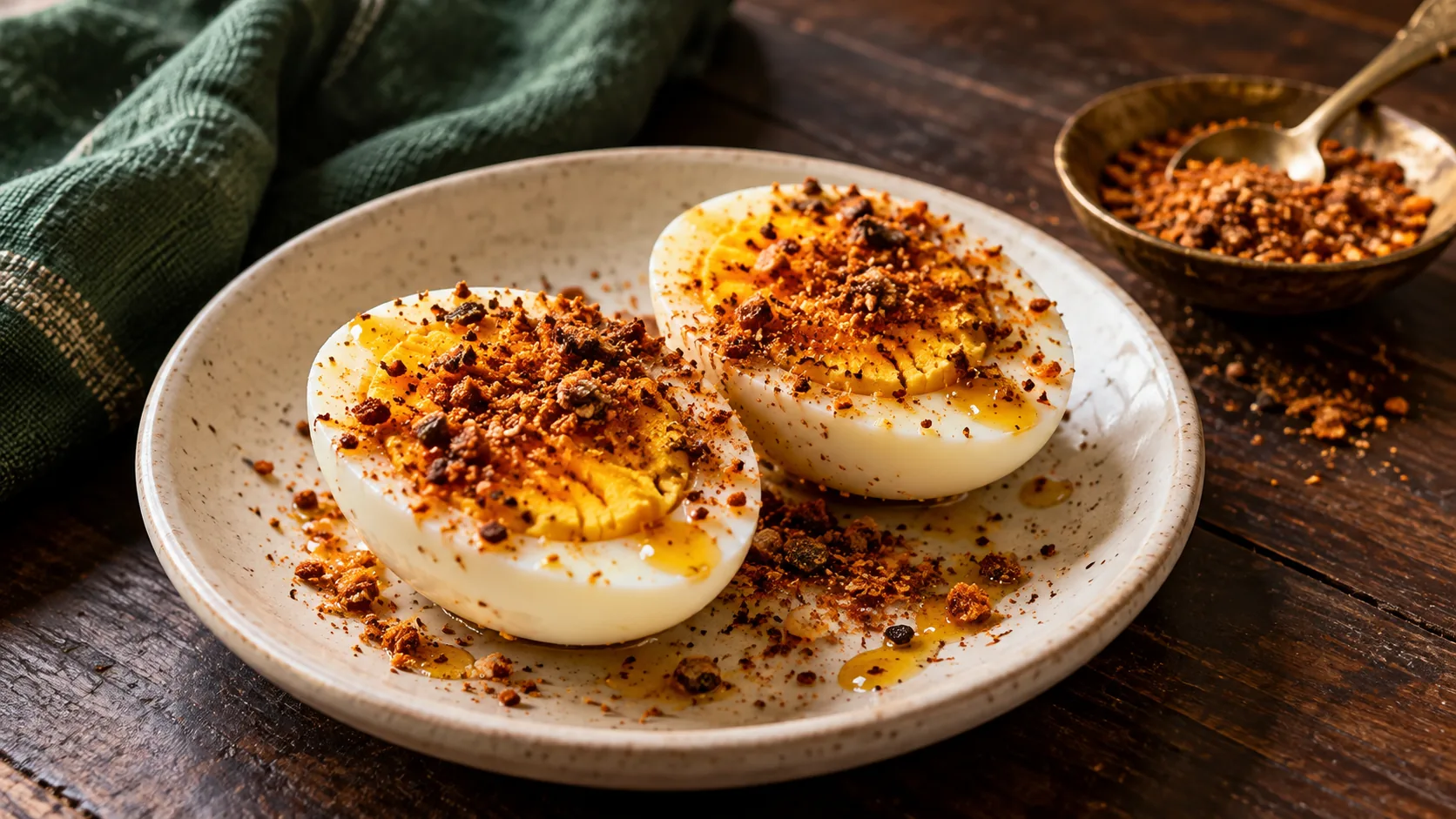 Boiled eggs finished with a sprinkle of podi