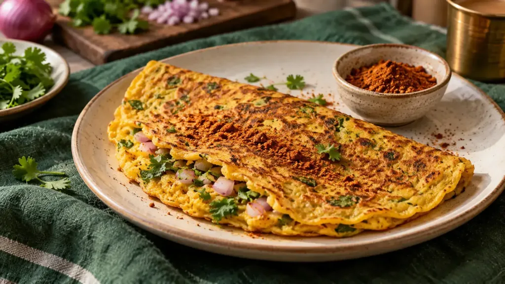 Besan chilla with a sprinkle of podi on a ceramic plate