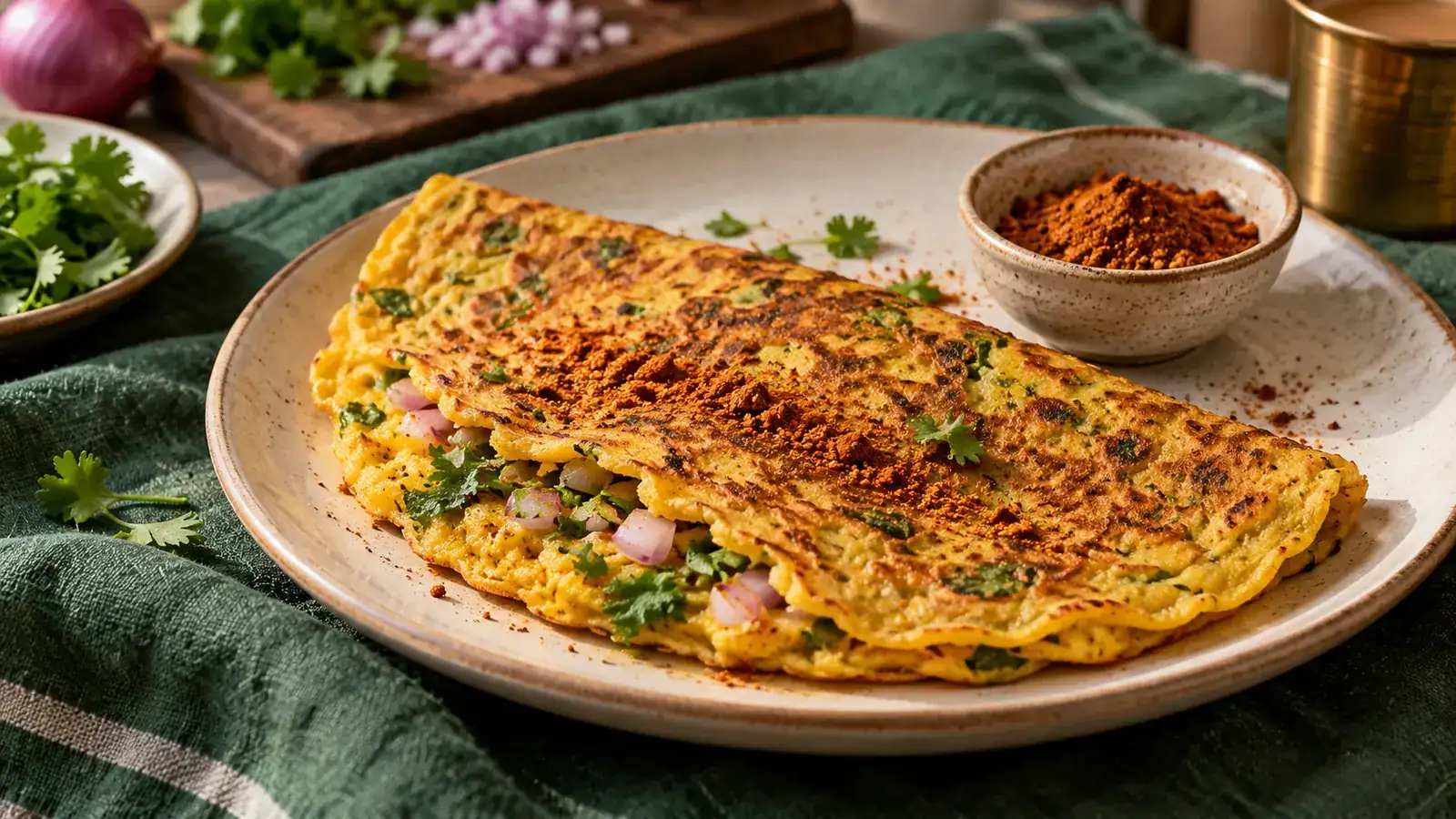 Besan chilla with a sprinkle of podi on a ceramic plate