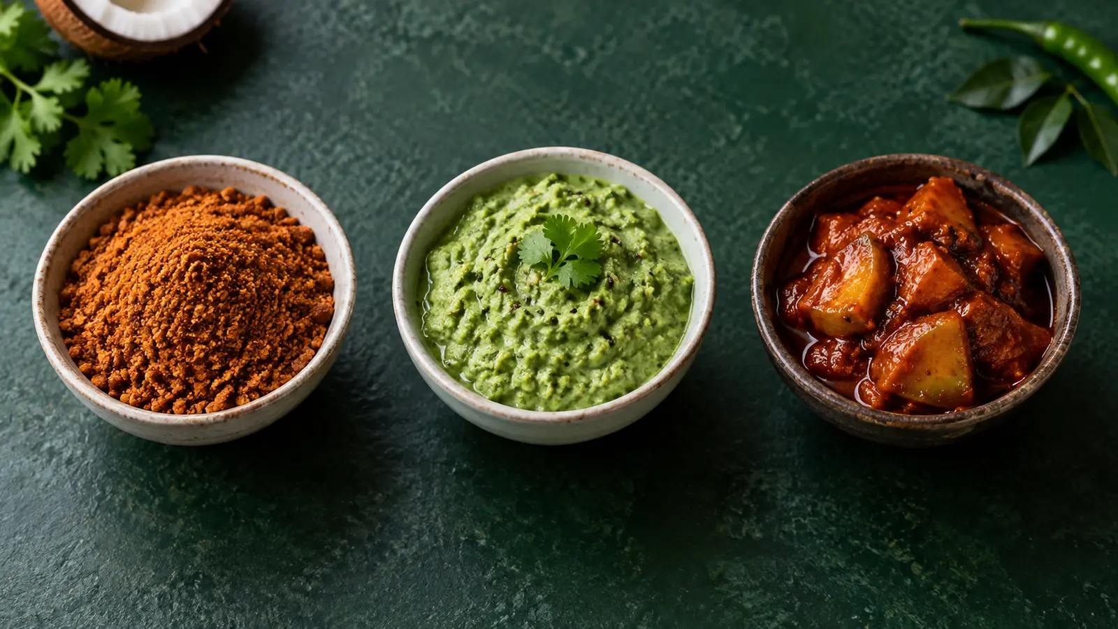 Three bowls containing dry podi, fresh green chutney and Indian pickle