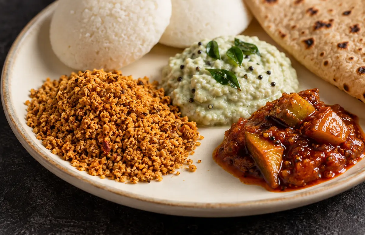 Close view of dry podi, fresh coconut chutney and chunky Indian pickle served with idli and roti