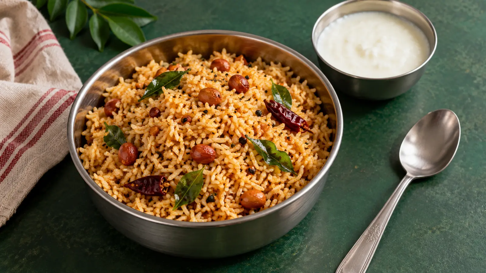 Bowl of podi rice with peanuts, curry leaves and plain curd