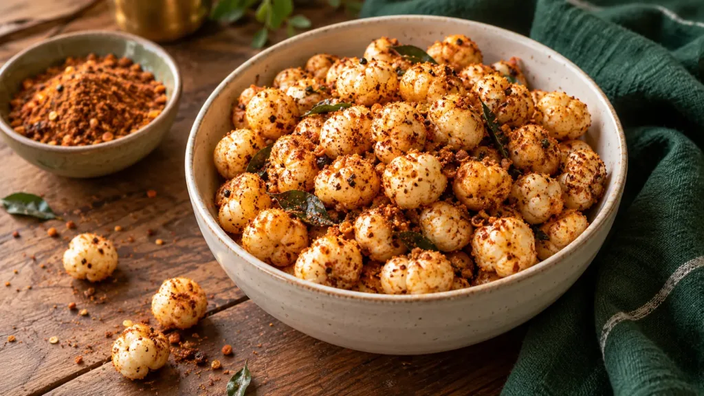 Crisp roasted makhana coated lightly with podi in a ceramic bowl