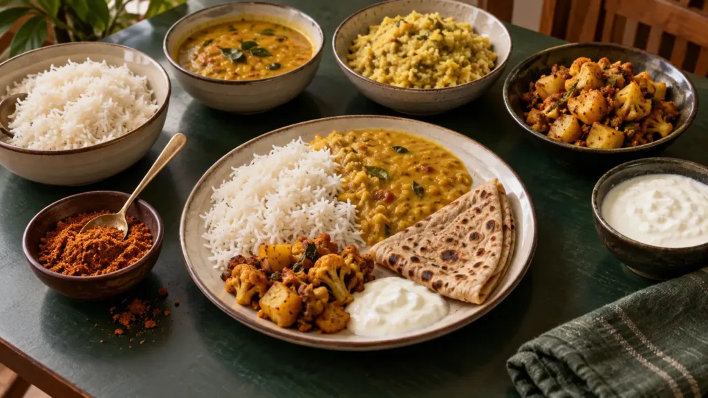 North Indian meal with dal, rice, paratha, curd, sabzi and podi
