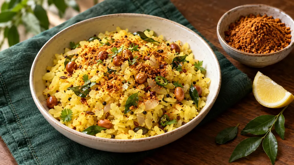 Bowl of fluffy poha topped with podi, beside lemon and a small bowl of seasoning