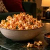 Bowl of popcorn seasoned with podi on a dark green table