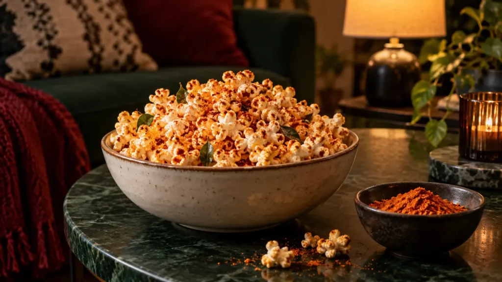Bowl of popcorn seasoned with podi on a dark green table