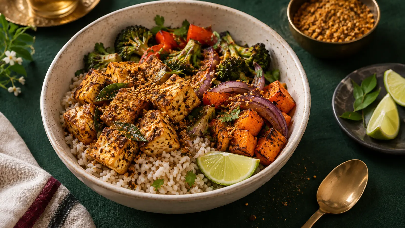 Rice bowl with tofu, vegetables and podi