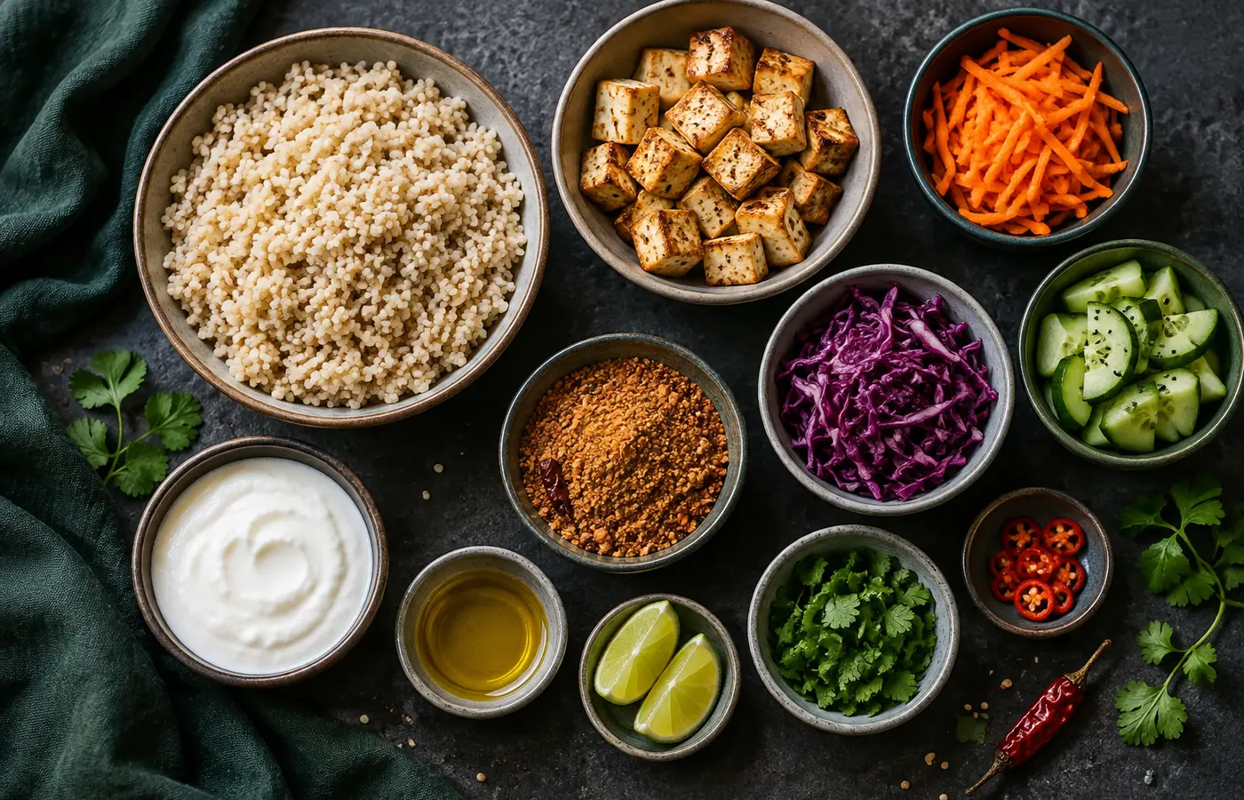 Ingredients for a podi protein bowl including millet, tofu, vegetables, curd, lime and podi