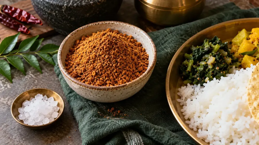 Bowl of podi beside rock salt and a plate of rice and vegetables
