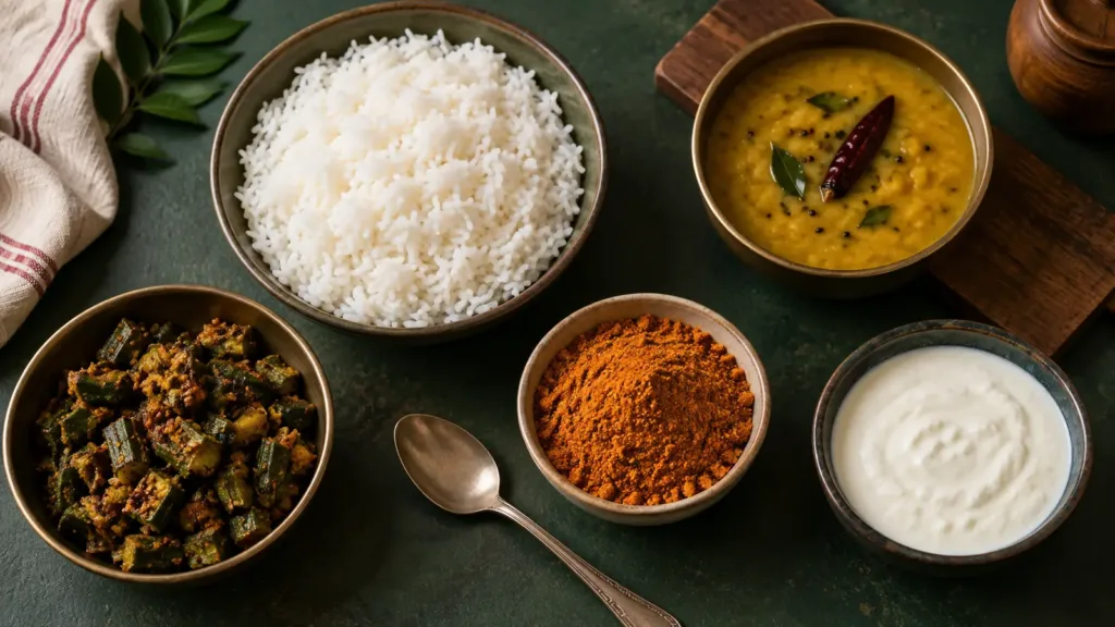 Bowls of rice, dal, curd and sabzi beside podi and a spoon