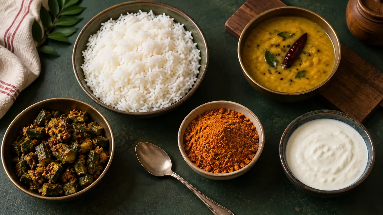 Bowls of rice, dal, curd and sabzi beside podi and a spoon
