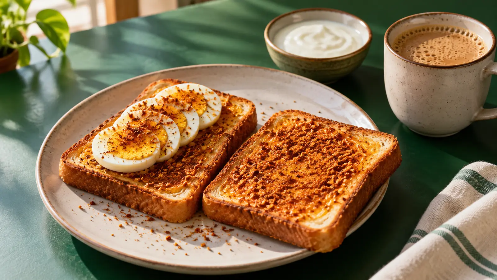 Buttered podi toast with sliced boiled egg, curd and coffee