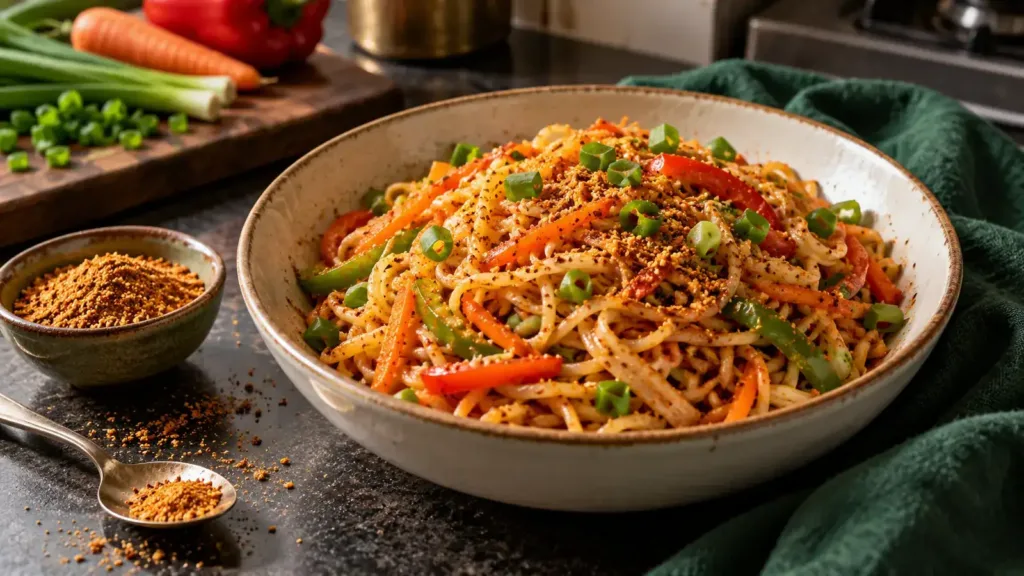 Vegetable noodles with podi seasoning in a ceramic bowl