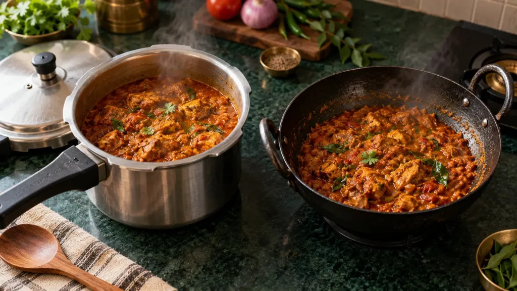 Indian masala curry cooking in a pressure cooker beside an open kadai