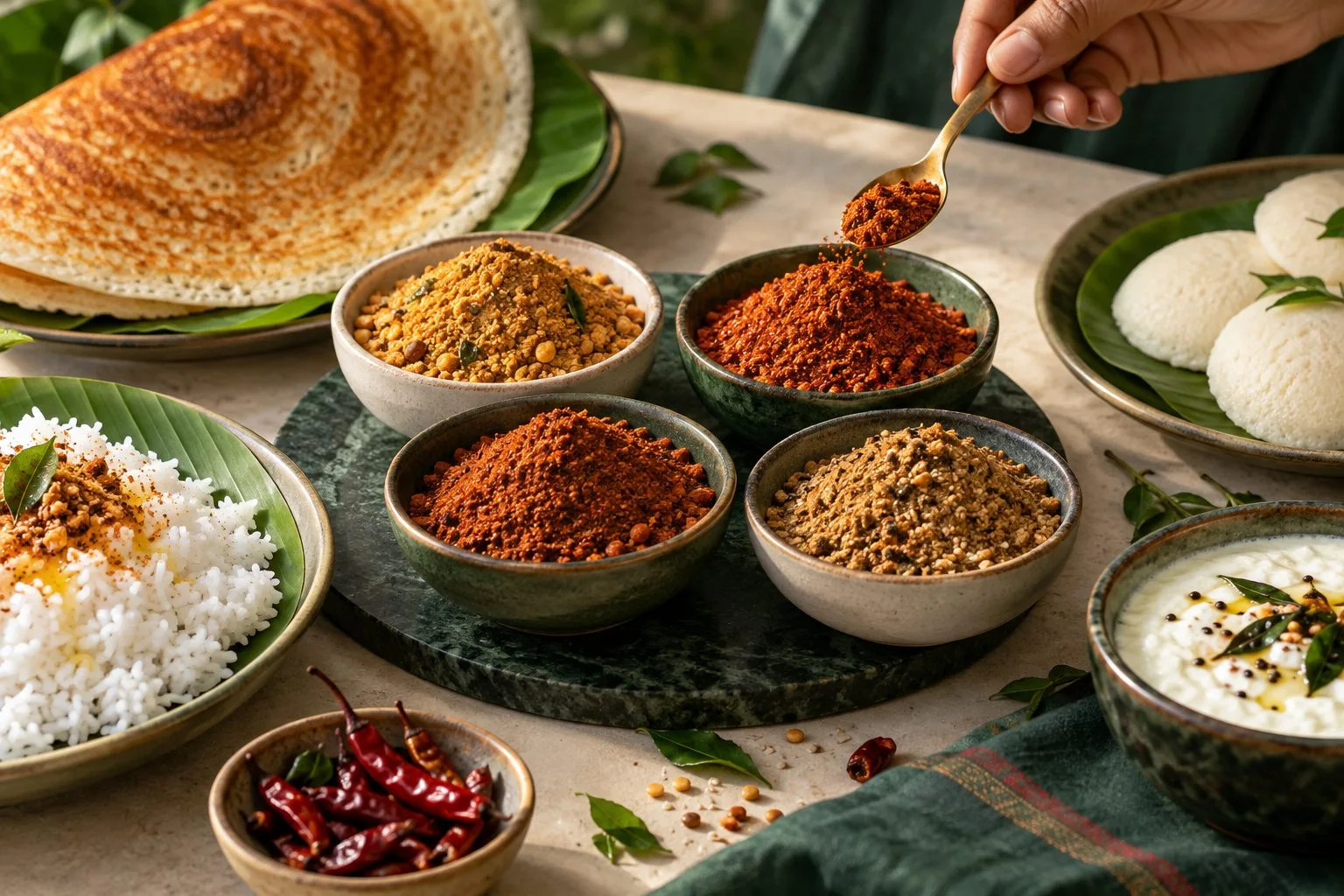 Podi served beside dosa, idli, rice and curd