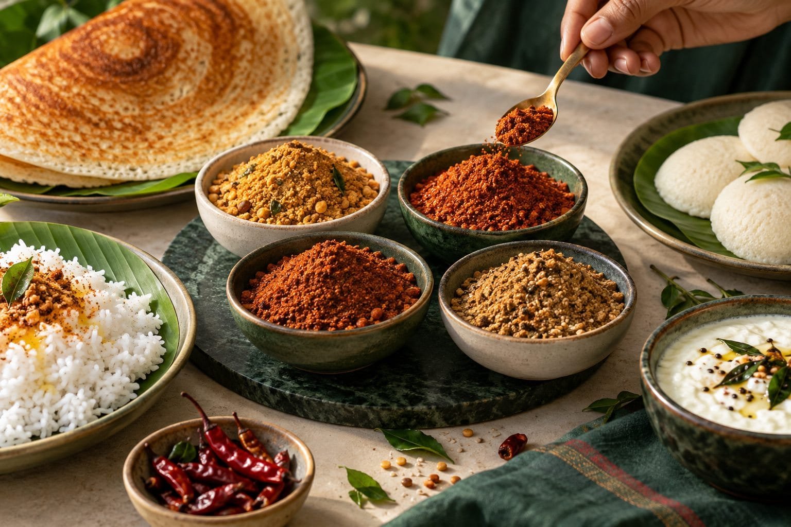 Podi served beside dosa, idli, rice and curd