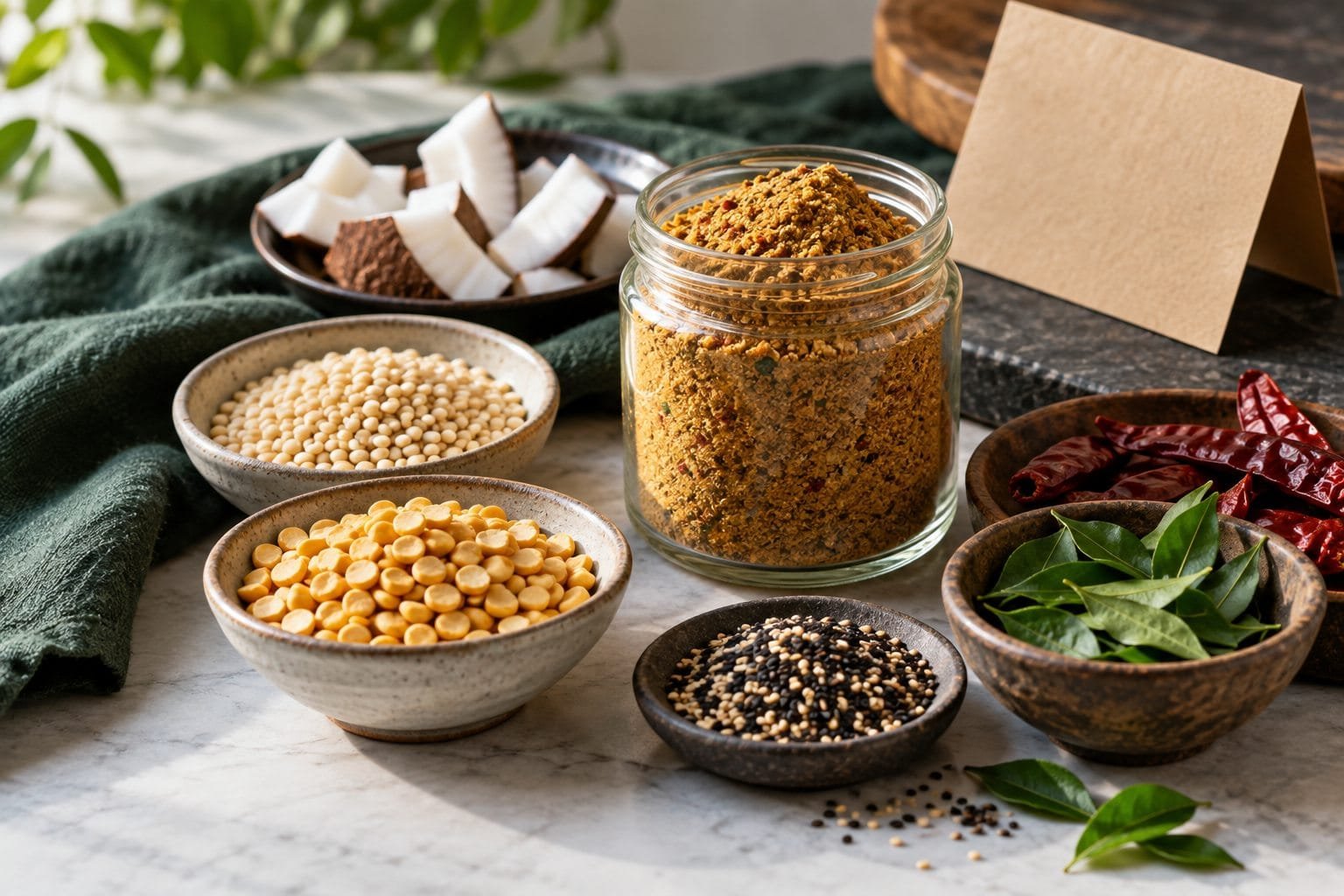 Podi and familiar ingredients including dals, sesame, chillies, coconut and curry leaves