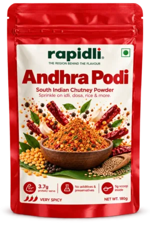 Rapidli Andhra Podi glossy pouch with natural shadow