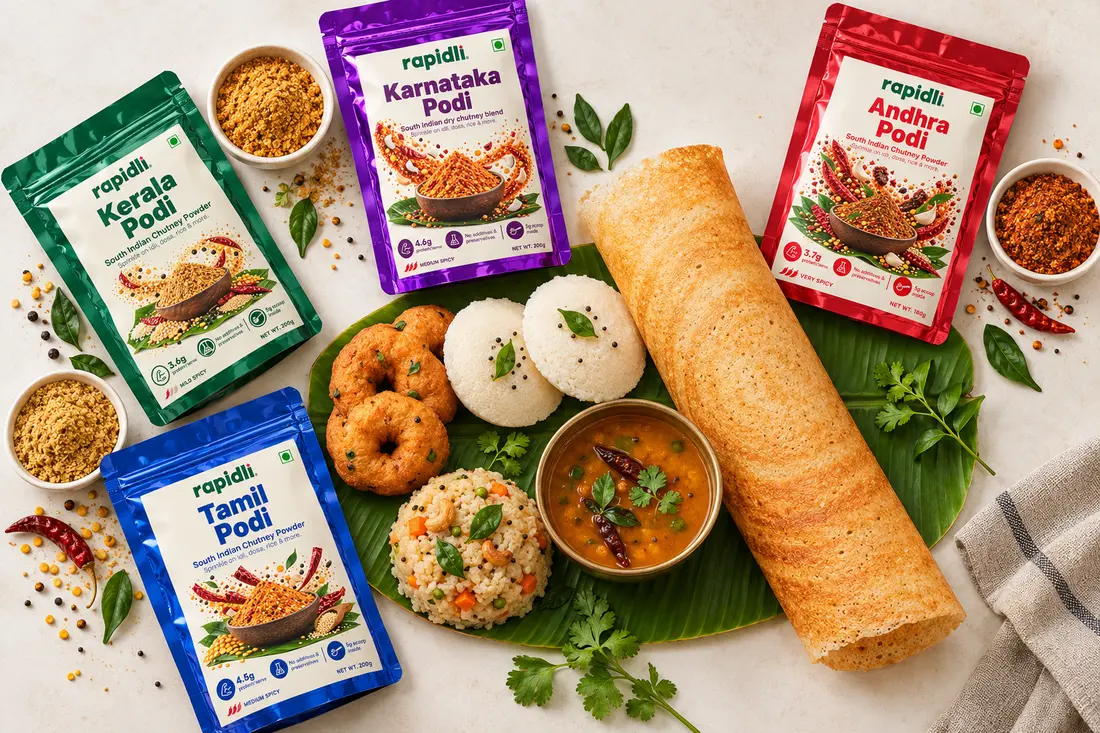 Purple Karnataka, blue Tamil, red Andhra and green Kerala podi pouches beside dosa, idli, vada and sambar