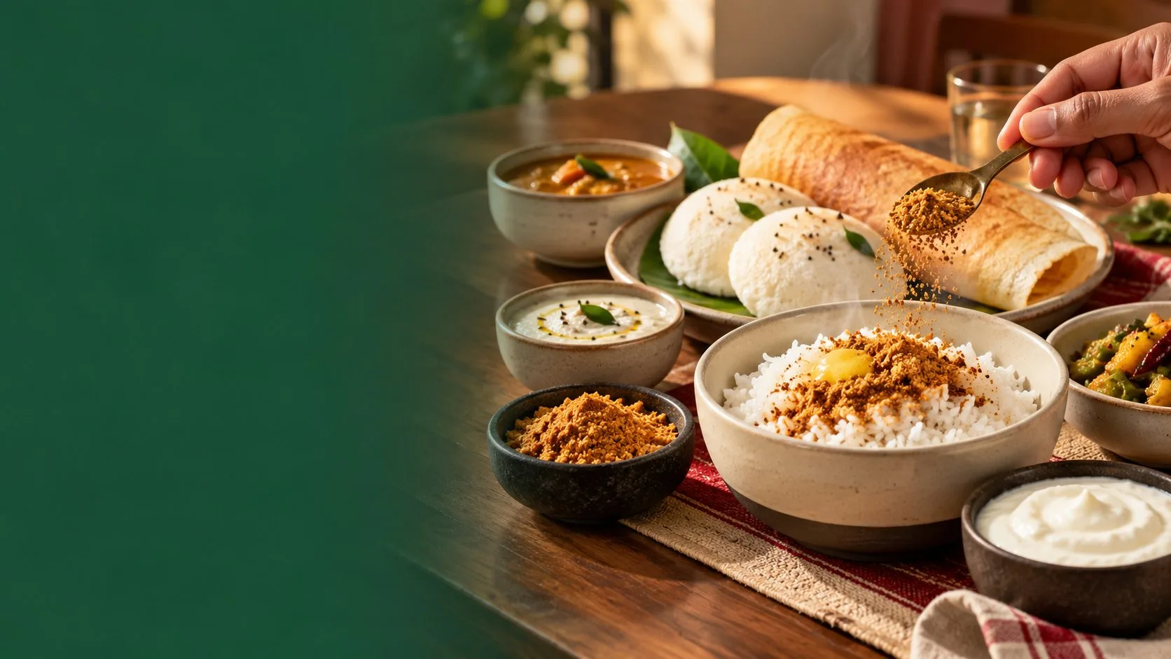 Podi sprinkled over rice beside idli and dosa