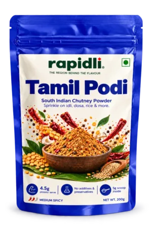 Rapidli Tamil Podi glossy pouch with natural shadow